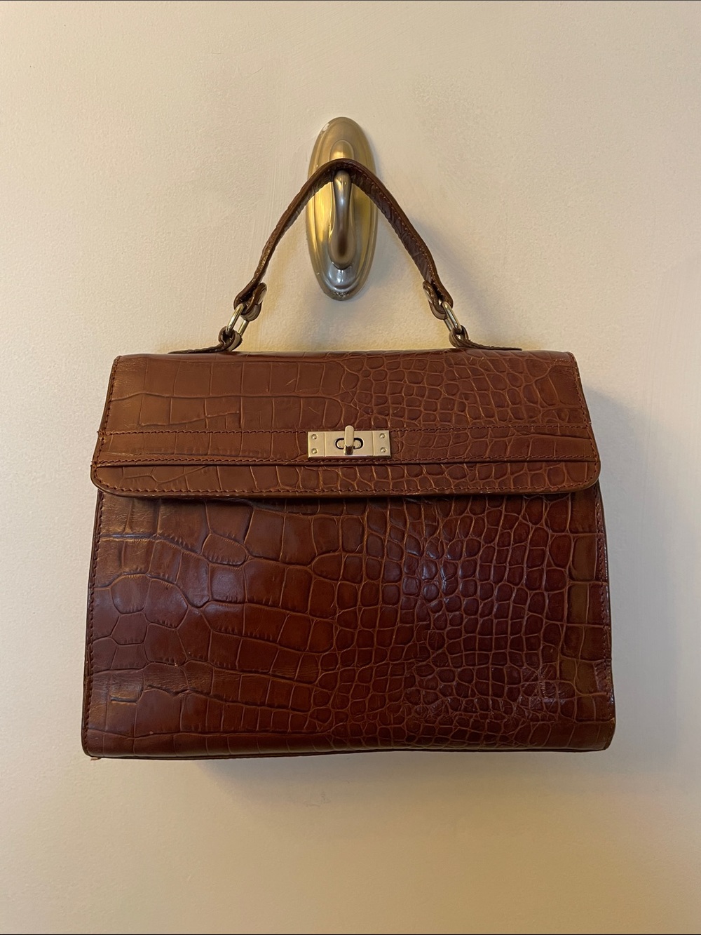 Classic Brown Croc-Embossed Leather Top Handle Bag or Crossbody
